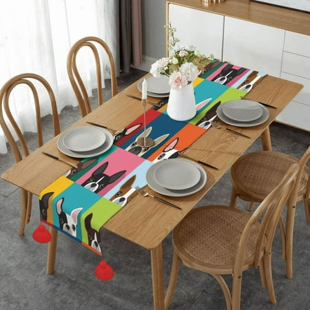 

Boston Terrier Dog Table Runner Imitation Linen Table Runner With Red Tassels For Party And Dining Room 14 x 60