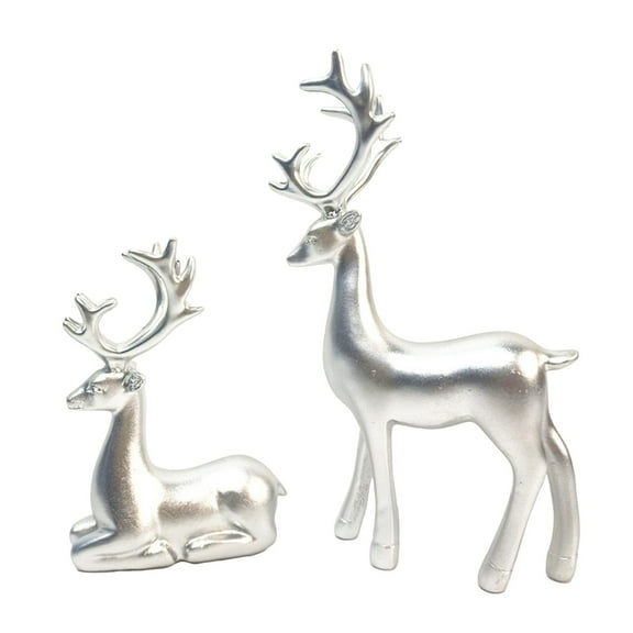 Uutvmp Silver Reindeer Sculpture, 2Pcs Silver Deer Figurines for Table Top Decor, Rustic Elk Figurine for Display Shelf, Small Cute Reindeer Statue Decor for Living Room Fireplace