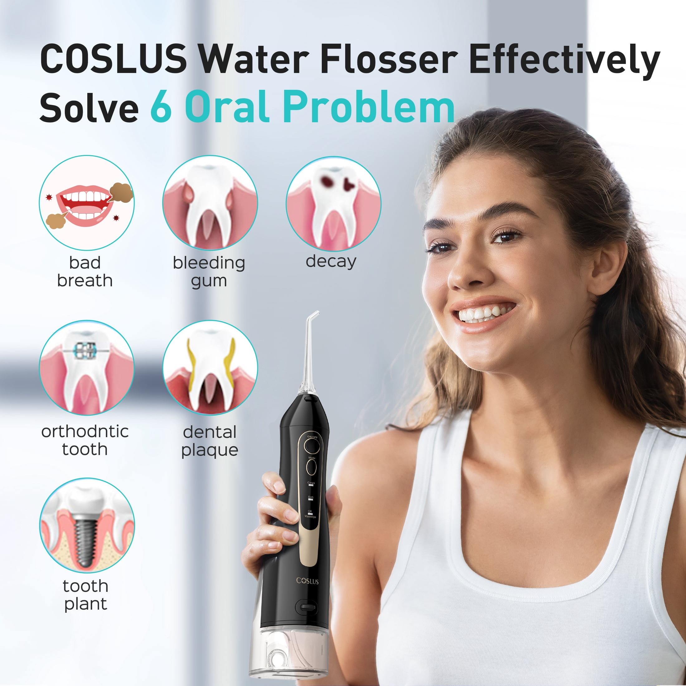 COSLUS  CX20 Water Dental Flosser Teeth Pick,300ML Tank IPX7 Waterproof Portable Rechargeable Water Flosser Dental Oral Irrigator for Home and Travel Black