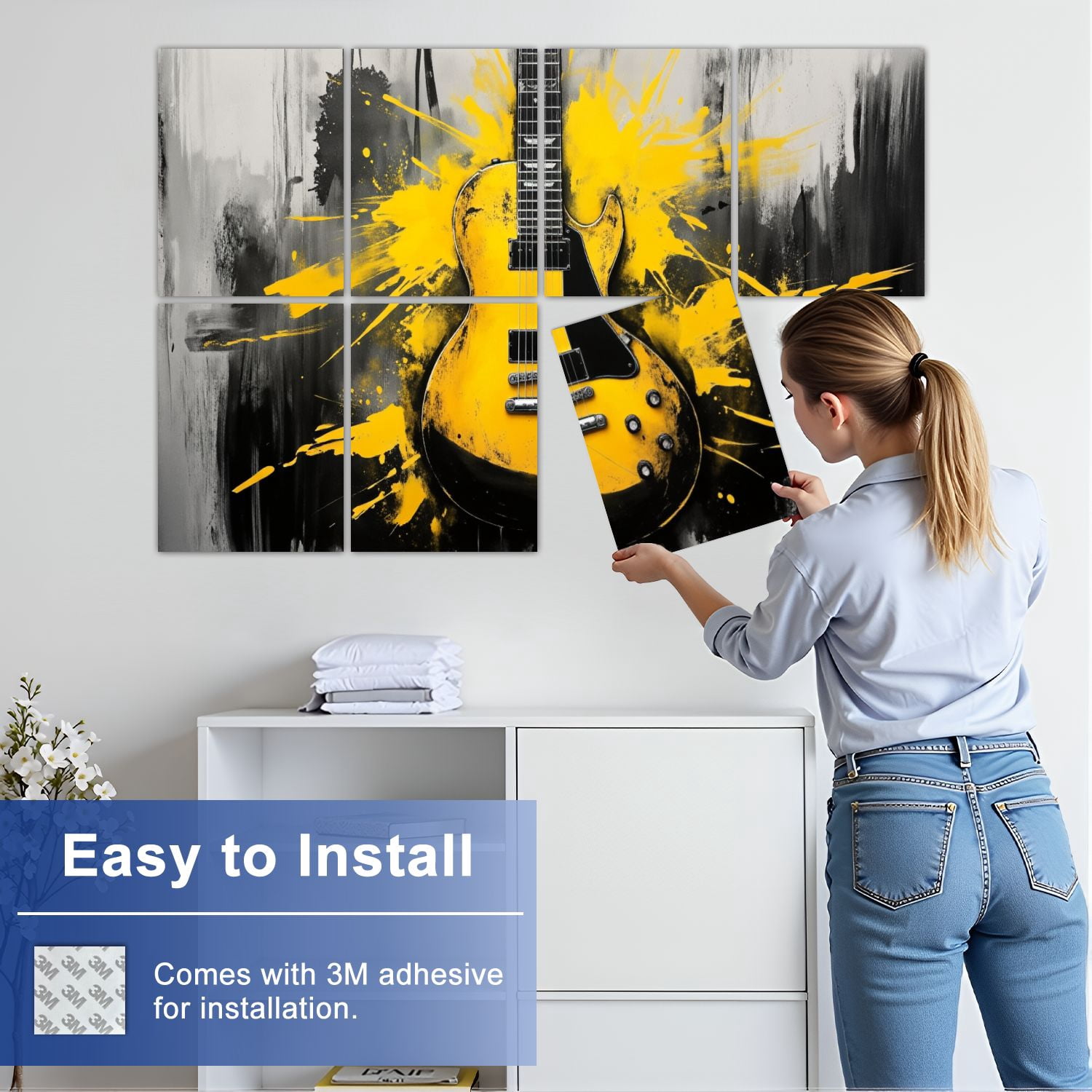 8 Pack Art Acoustic Panels Sound Absorbing Musical Instrument Graffiti Yellow Jazz Drum Piano Pop Music Decorative Soundproof Wall Panels Self Adhesive for Nursery Game Room Bedroom 48"x32"