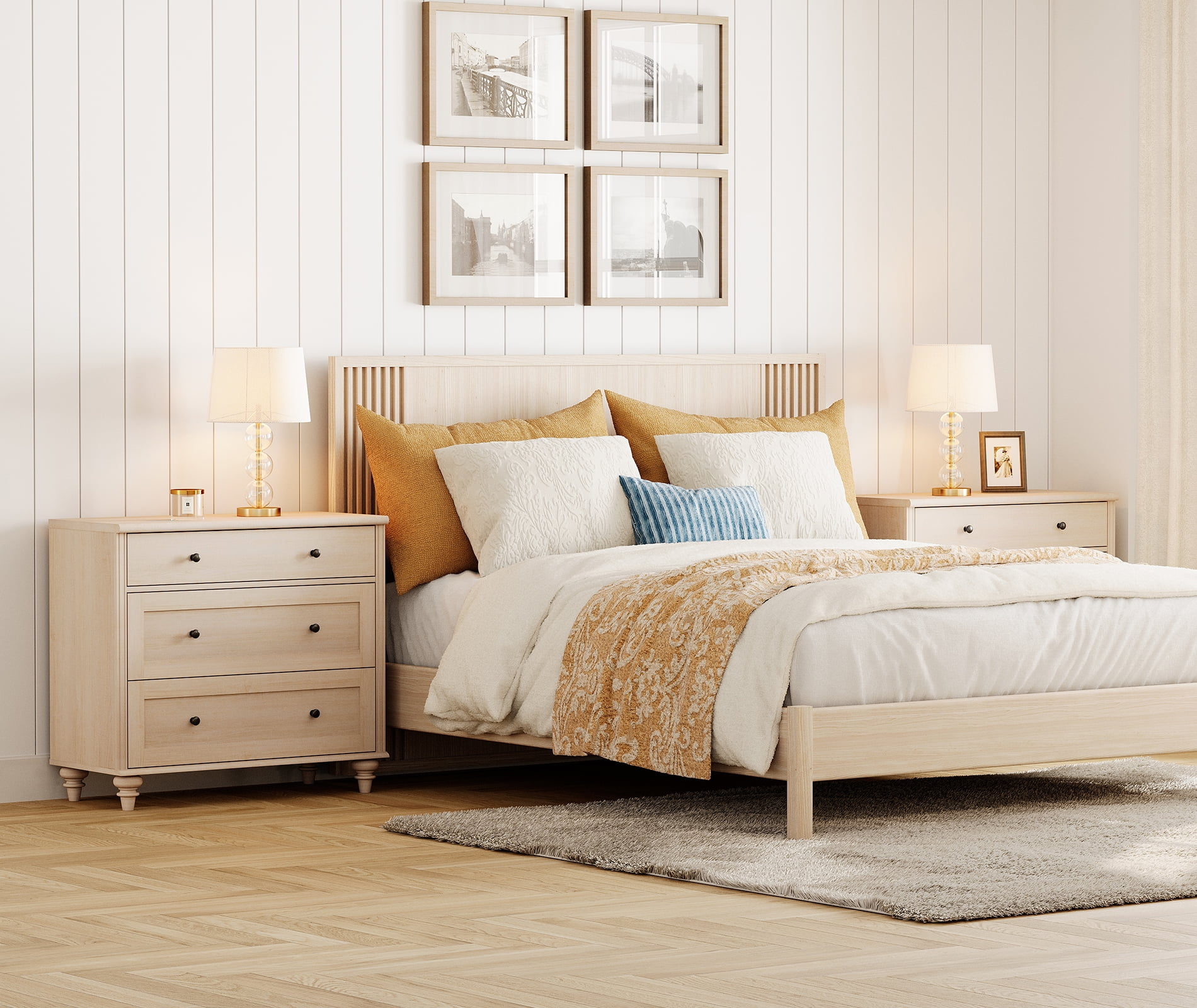 Farmhouse 3-Drawer Nightstand, Large Wooden Bedside Table, Wide Sofa Side End Table with 3 Drawers, Chest of Drawers for Living Room and Bedroom, Beige, 34 Inches