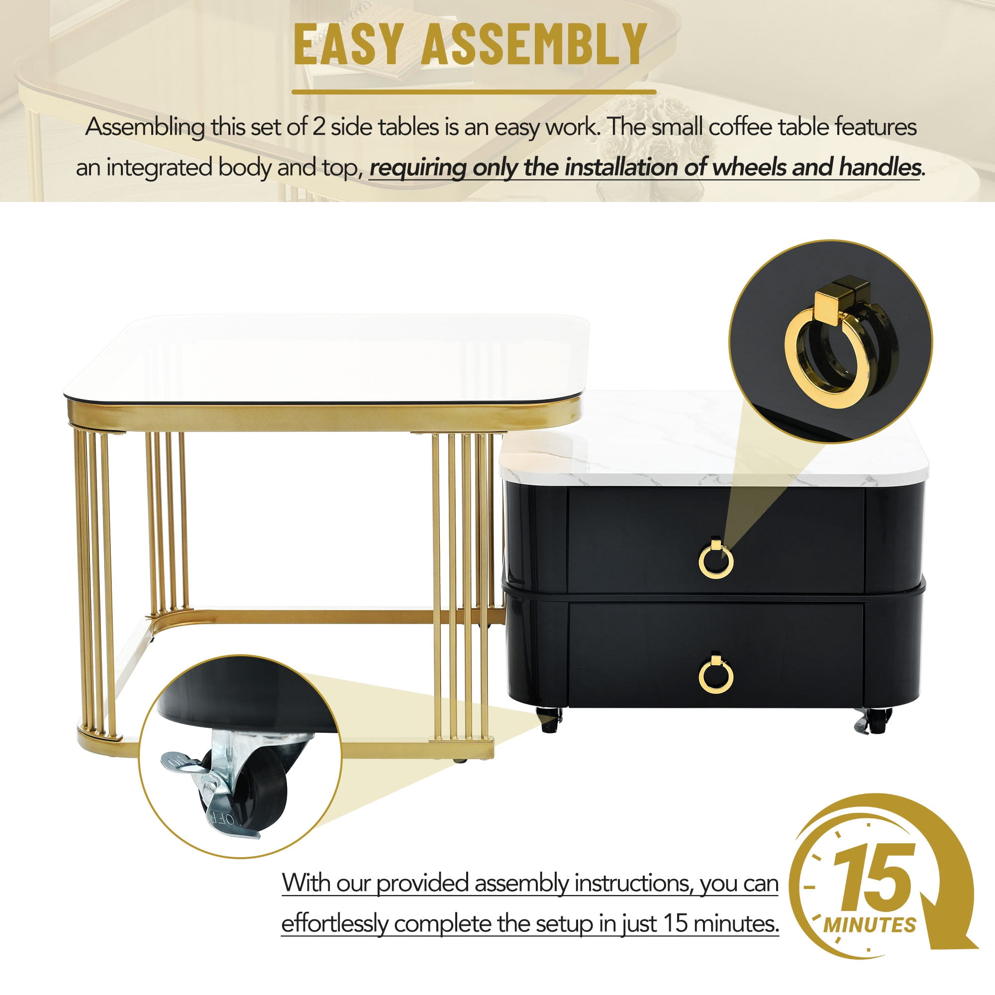PORKISS 2-in-1 Nesting Coffee Table, Modern Square Coffee Table with Wheels and Drawers, Small Stacking Coffee Table with High Gloss Marble Grain Top and Tempered Glass for Living Room, Black/ Gold