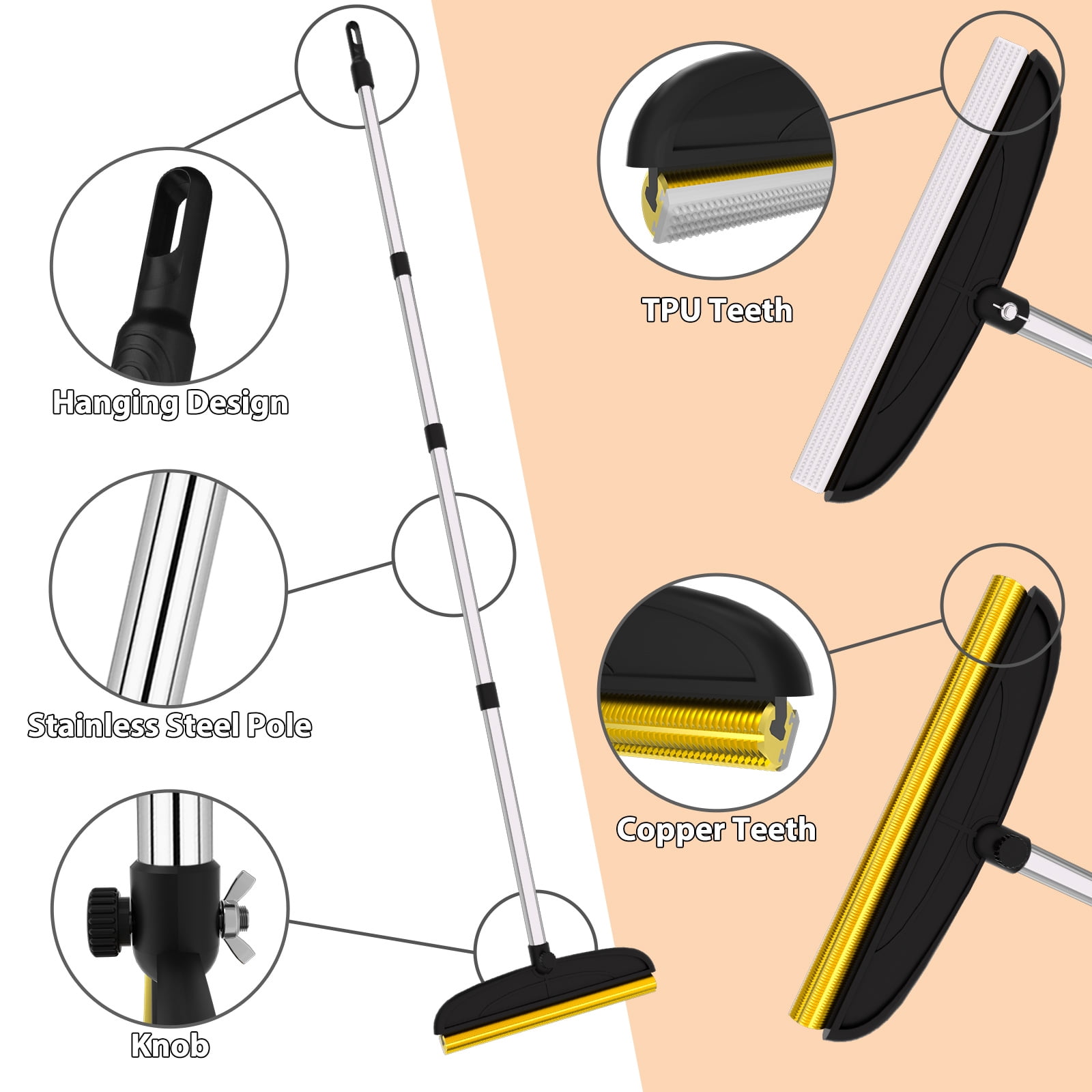 Carpet Rake for Pet Hair Removal: 60" Adjustable Long Handle Pet Hair Removel Tool, 2 in 1 TPU and Copper Pet Hair Remover Broom, Reusable Cat Dog Hair Remover Carpet Scraper