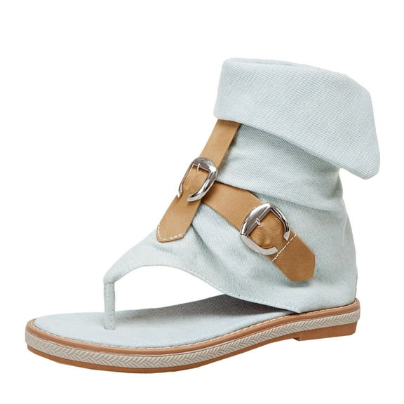 HBGVBA Womens Summer Sandals Stylish Toe Loop Flat Sole Denim Fabric Belt Buckle High Top Flop Casual Outdoor Versatile Shoes 37