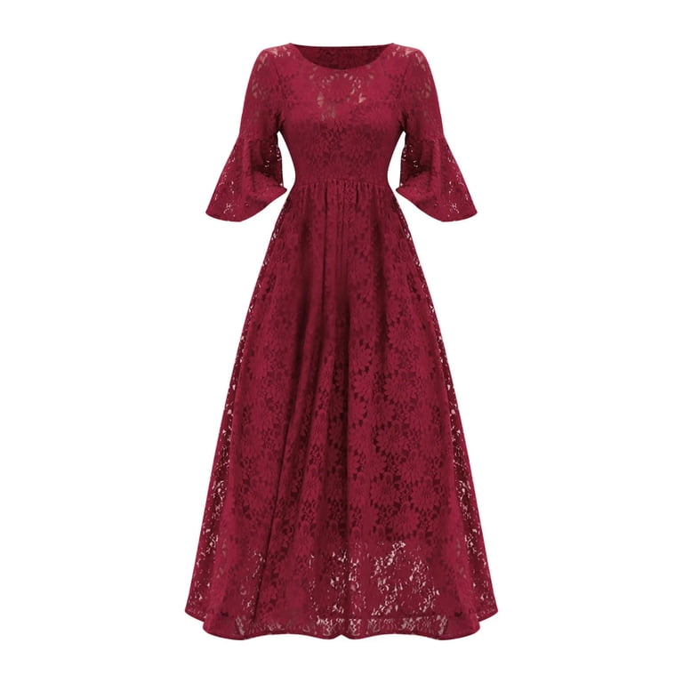 Women's Red Lace Party Dress Elegant Cutout Bell Sleeves Wedding Formal  Occasion Dress Summer Swing A Line Maxi Dress-Black-M - Walmart.com