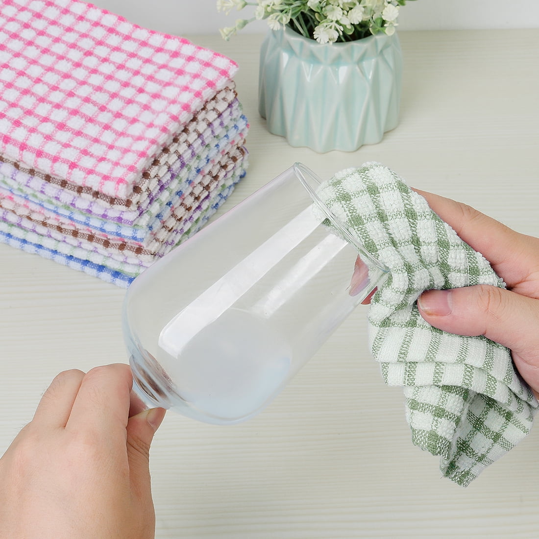 Unique Bargains Cotton Absorbent Kitchen Dish Cleaning Towels Green