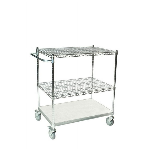 24" Deep x 42" Wide x 39" High 3 Tier Stainless Steel Shelf Cart with 2 Wire Shelf & 1 Solid Shelf