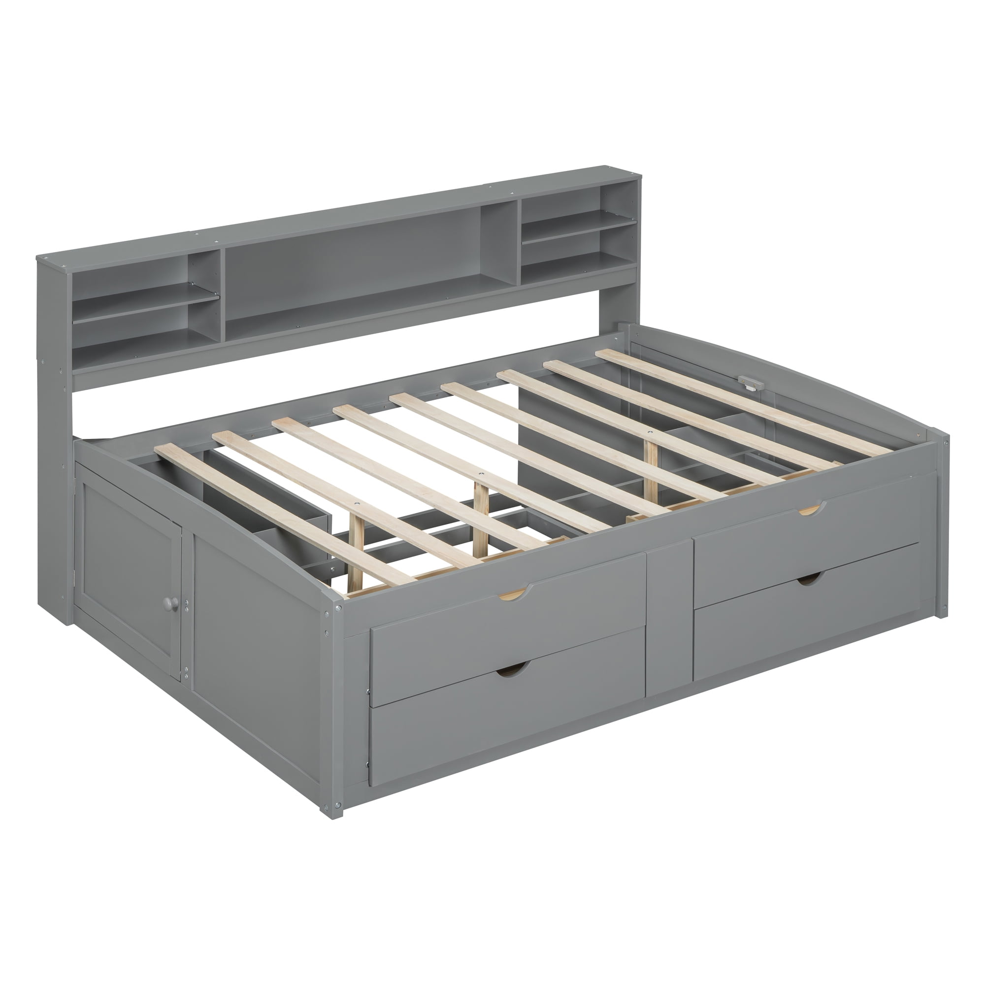 Mintazer Full Daybed Frame with Bookcase Headboard, Multifunctional Storage Bed with 4 Storage Drawers & Side Cabinet for Bedroom Guest Room, Gray