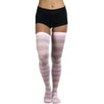 thumbnail image 4 of ToBeInStyle Womens Vibrant Horizontal Wide Striped Thigh High Stockings - Pink w/ White Stripes - One Size, 4 of 5