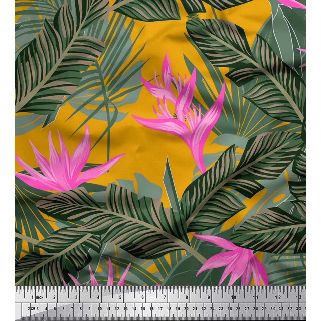 Soimoi Velvet Fabric Floral & Leaves Tropical Print Sewing Fabric Yard 58 Inch Wide