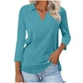 thumbnail image 2 of Ashirexll Shirts for Women Shirts Sleeve Tops Women's 3/4 Sleeve Top Color Matching T-shirt V-Neck Lapel Blouse, 2 of 5