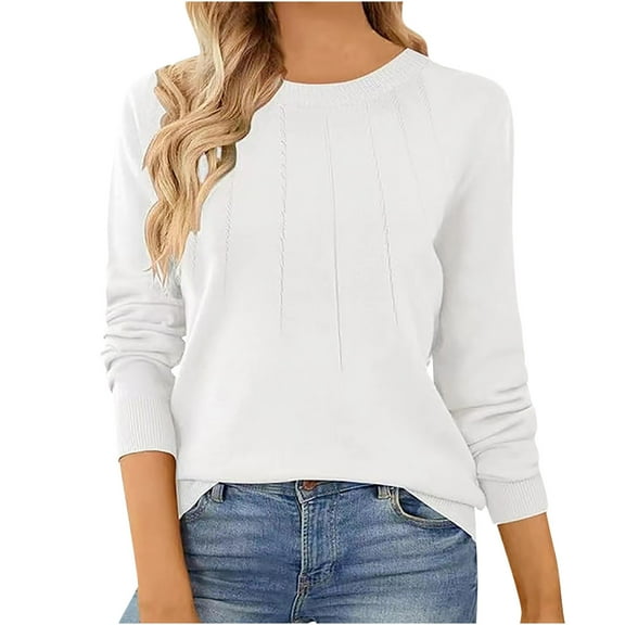 PiGOGI Women's Loose Knit Sweater Round Neck Long Sleeve Pullover Soft Acrylic Casual Fall Winter Comfortable Fashion White XL