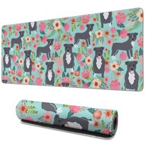 Long Mouse Pads for Desk,Cute Pitbull Terriers Dog and Flowers Desk Mats on Top Of Desks, Desk Mouse Pad Extra Large with 3mm Non-Slip Base and Stitched Edge for Gaming,Office,Work,Home 31.5"x11.8"