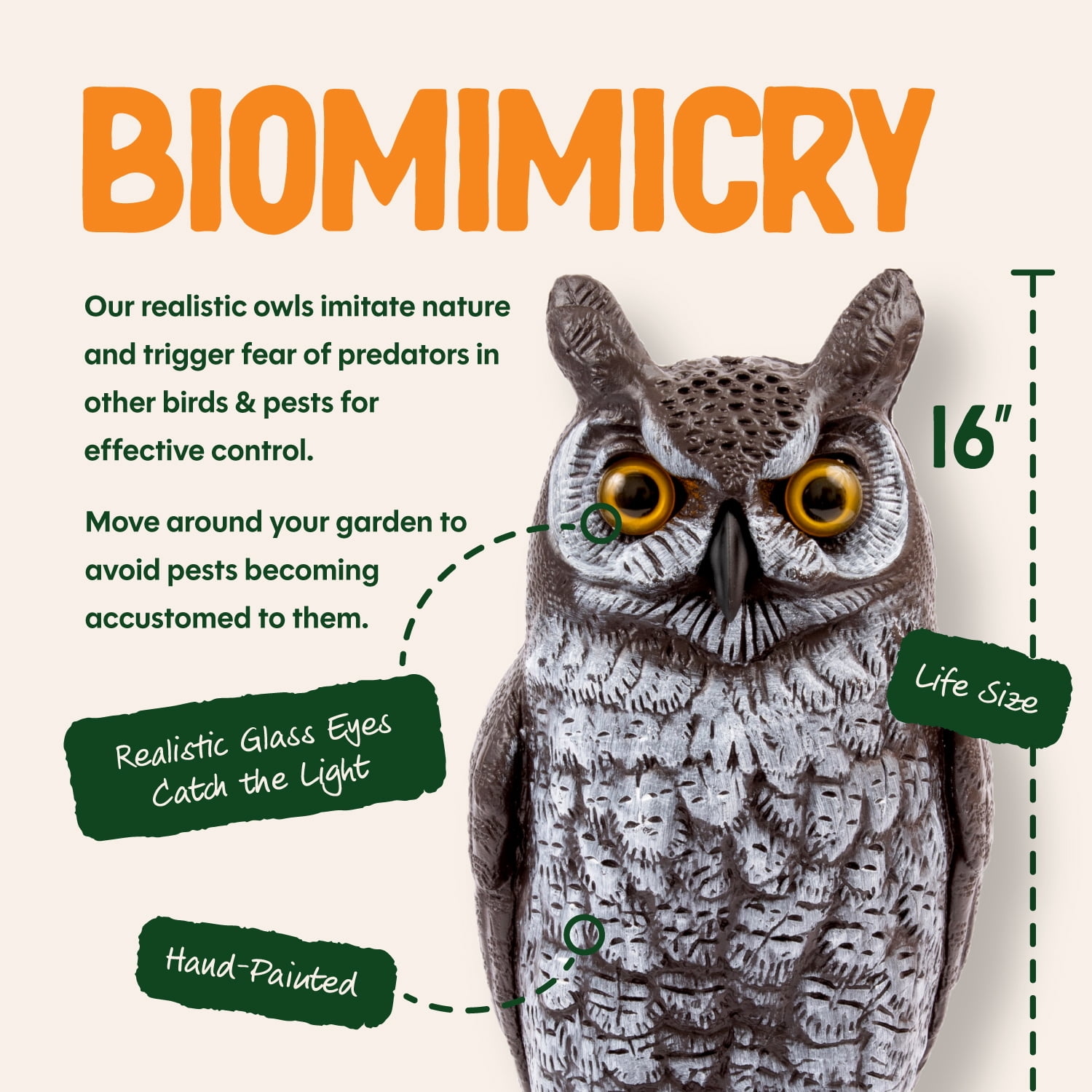 Dalen Fake Owl Decoy to Scare Birds Away from Gardens, Rooftops, and Patios - Scarecrow Provides Chemical-Free Pest Control - Safe and Humane, 16" Great Horned Owl