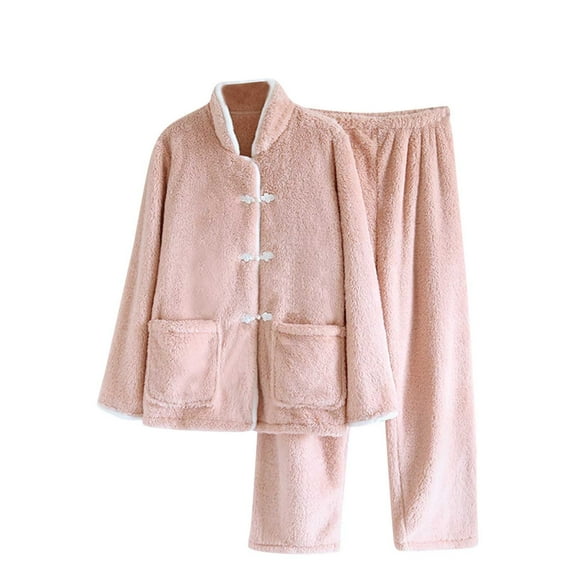 Xfvqtps Womens Plush Pajama Set with Pockets Long Sleeve Open Front with Frog Stand Collar Solid Color Long Straight Wide Leg Cozy Comfortable Soft House Warm Winter Top and Pants Set Pink