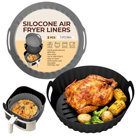 M Buder 2 Pack Silicone Air Fryer Liners, 4-7 QT Air Fryers, Reusable Food Grade Basket Bowl, Replacement for Parchment Paper, Baking Tray Oven Accessories, Round Gray&Black (Top 7.9in, Bottom 6.7in)
