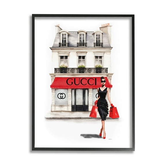 Stupell Industries Trendy Girl Shopping Town & City Painting Black Framed Art Print Wall Art, 11 x 14