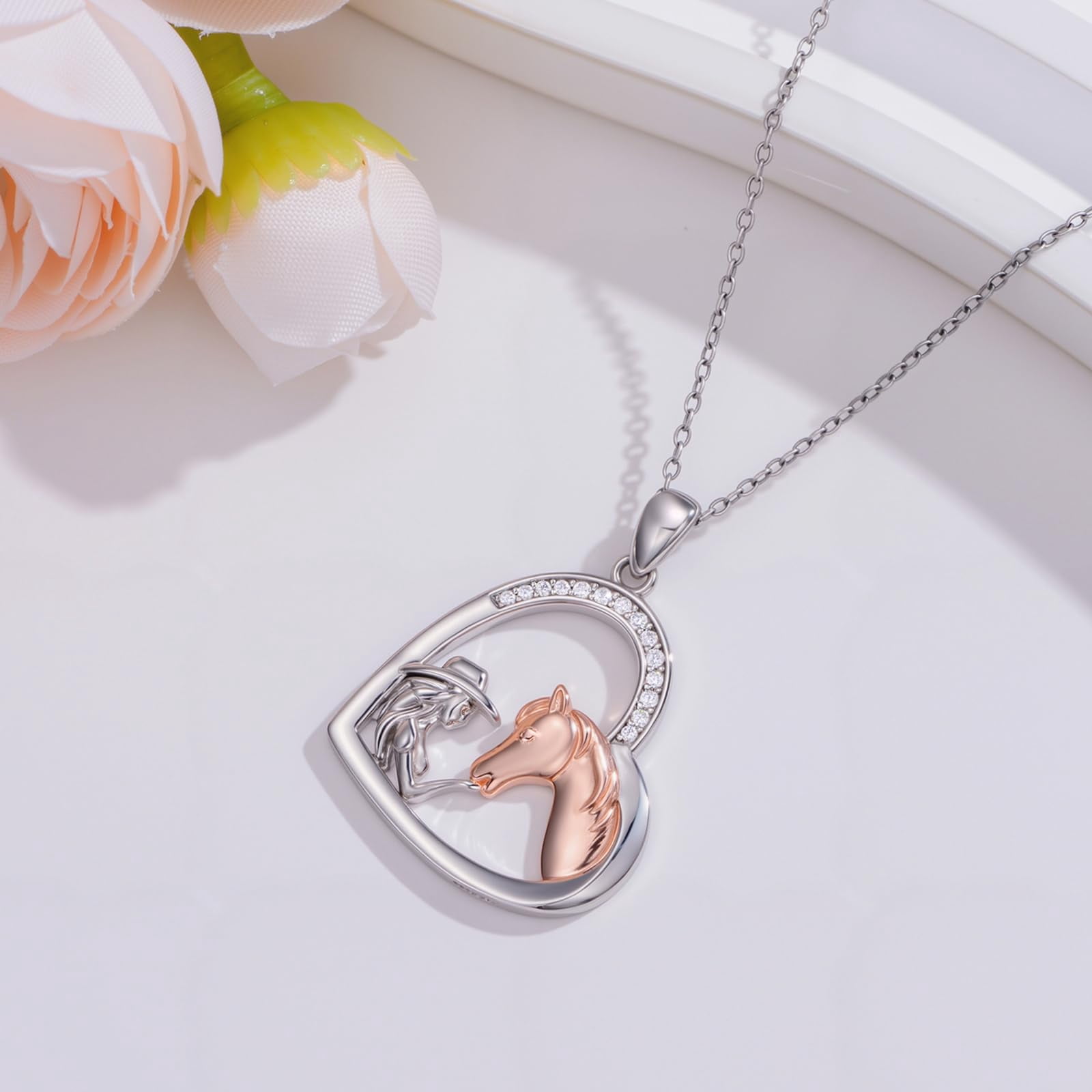 Horse Necklace 925 Sterling Silver Heart Pendant Necklace Western Jewelry Mothers Day Birthday Gifts for Women Mom Daughter Equestrian Lovers Horses Lovers