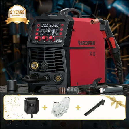 ARCCAPTAIN 250A MIG Welder, 110V 220V Gas MIG/Gasless Flux Core MIG/Stick/Lift TIG/Spool Gun/Spot 6 in 1 Welding Machine Aluminum Welding Machine Professional Welder Machine with Large LED Display