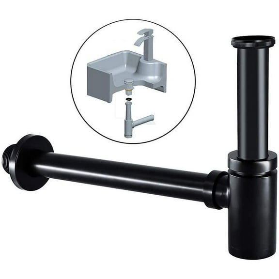 Universal Bottle Trap P-Trap Brass Chrome Waste Trap Bathroom Basin Deodorant Round Sink Traps Pipe Adjustable Drain Tube Modern Elegant Design Matt Black(1-1/4 )