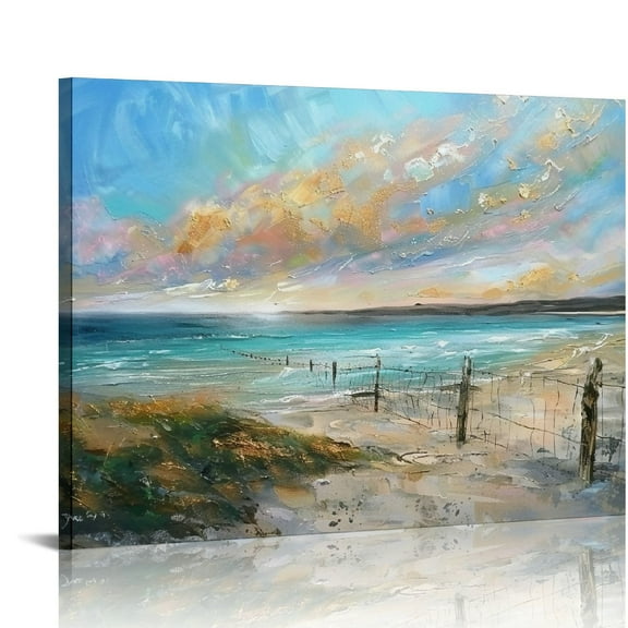 ARISTURING  Ocean Teal Wall Art Canvas Coastal Beach Painting Blue Turquoise Landscape Sunset Picture, Panoramic Gold Foil Textured Large Artwork Framed for Living Room Bedroom Bathroom Wall Decor