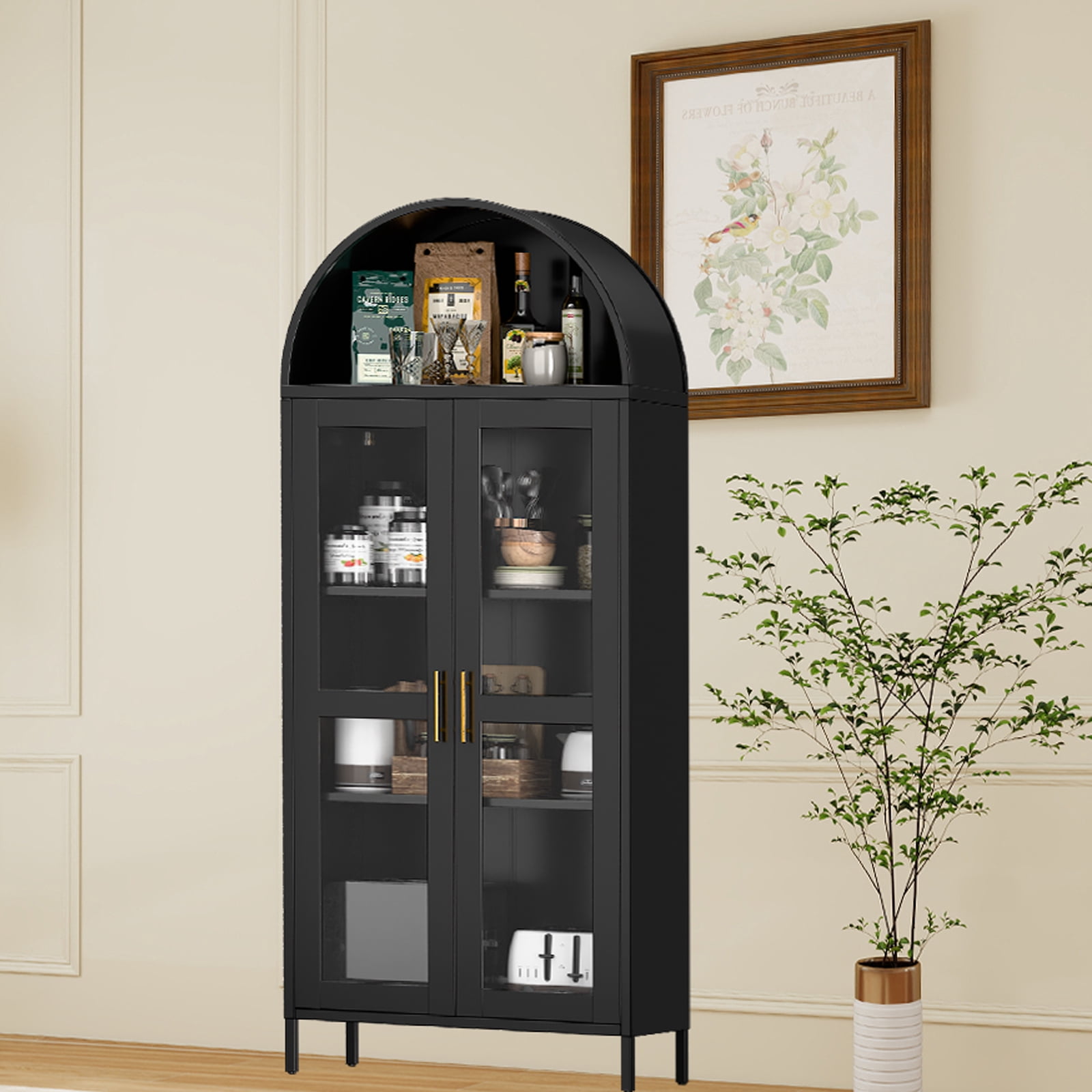 73" Arched Metal Storage Cabinet, Kitchen Pantry Cabinet with Glass Door, 2 Adjustable Shelves,Modern Farmhouse Display Bookshelf ,Freestanding Display Cabinet for Living/Dinning Room Black