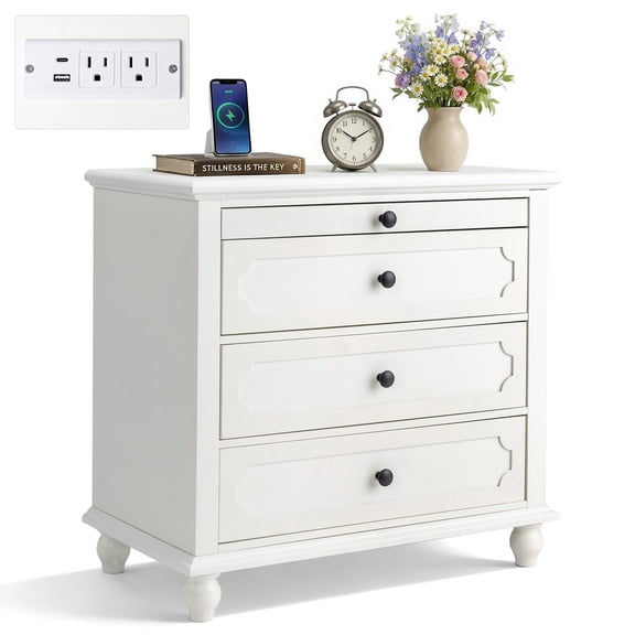 Ktaxon Solid Wood Nightstand with Outlets & USB Ports, 3 Drawer Traditional Cottage Bedside Table