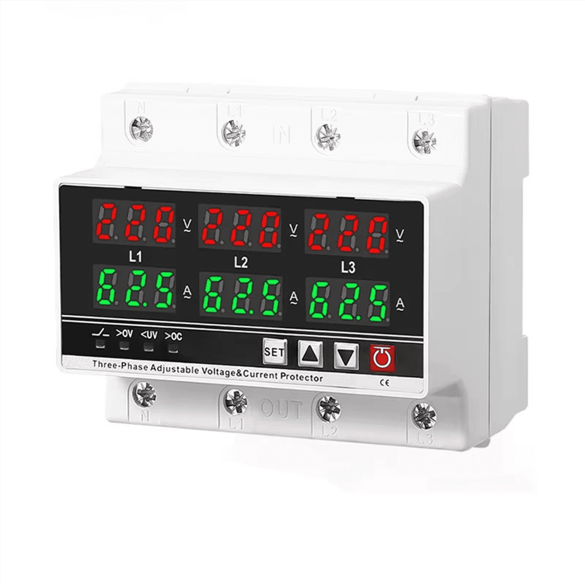 3 Phase Adjustable over and Under Voltage Protector Voltmeter Ammeter Monitor 3P4W Din Rail Current Limit Protection 63A,1 * 3 Phase Over and Under Voltage Protector,White