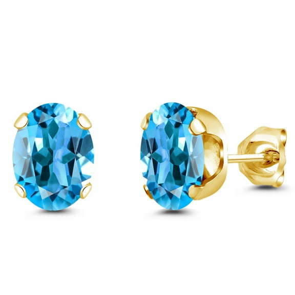 Gem Stone King 18K Yellow Gold Plated Silver Swiss Blue Topaz Stud Earrings for Women Men | 3.00 Cttw | Gemstone November Birthstone | Oval 8X6MM