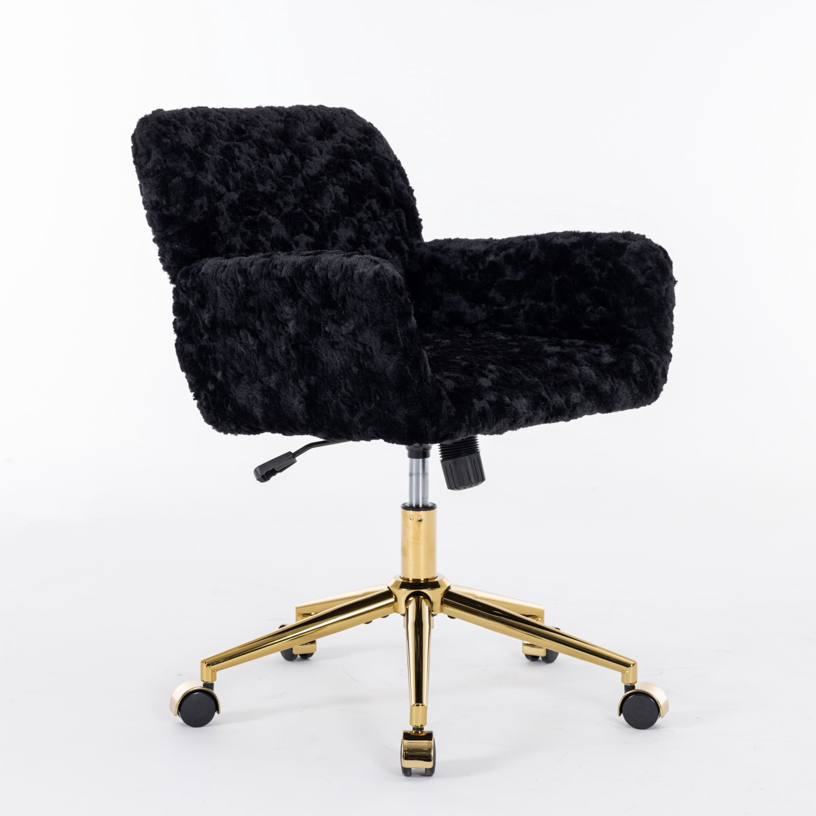 GAKMCIL Artificial Alpaca Wool Home Office Chair, Ergonomic Desk Chair, Vanity Chair with 360 ° Swivel, Arm, Golden Metal, Chassis can be Tilted 40°, 300lb Load for Study, Office, Bedroom (Black)