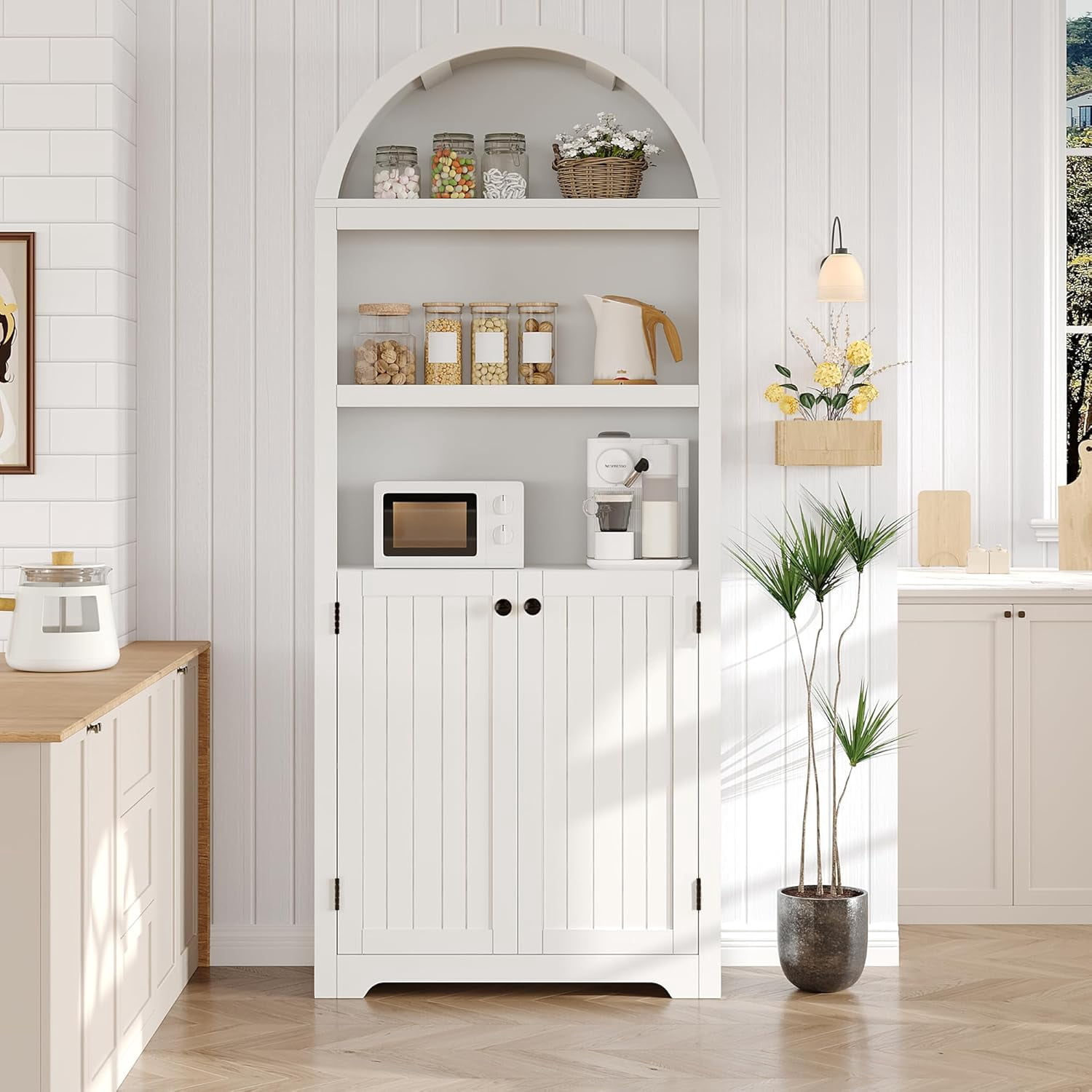 72" Arched Storage Cabinet – 5-Shelf Kitchen Pantry & Bookcase with Doors, Adjustable Shelves