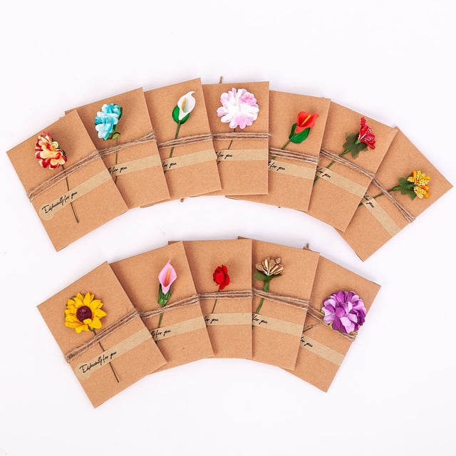 FUEENIRVA 12Pcs Handmade Greeting Card Set with Assorted Dried Flower Designs for Weddings and Parties