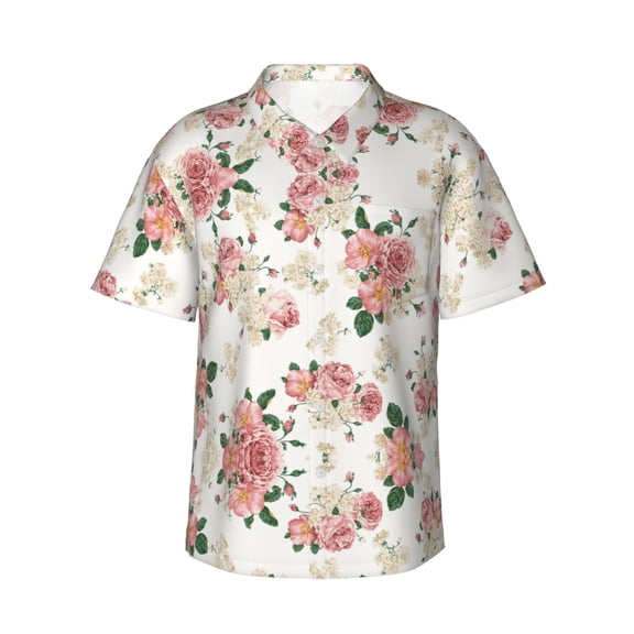 Rose Floral Hawaiian Shirts For Men, Summer Short-Sleeve Relaxed-Fit Button-Down Shirts Small