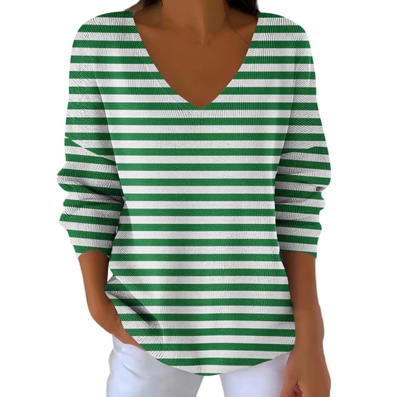 Htigea Women's V-Neck T-Shirts Striped Long Sleeve Casual Loose Fit Tops Fall Trendy Everyday Pullover Shirts Green XXL