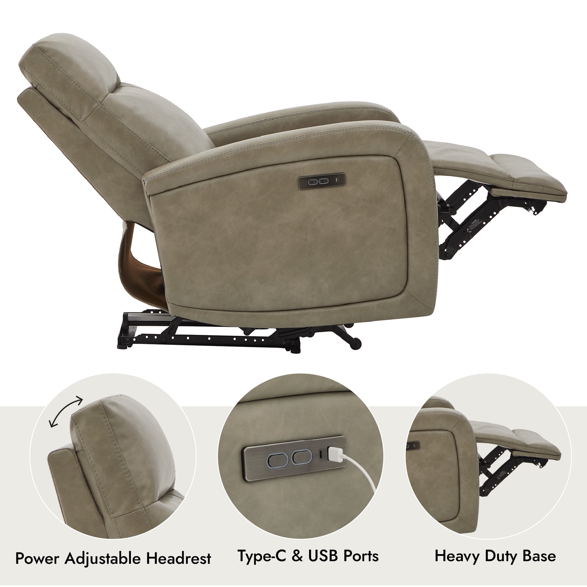 Spruce & Spring Zero Wall Hugger Power Recliner for Compact Spaces, Gray-Faux Leather