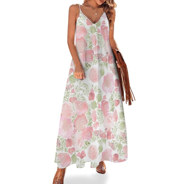 Vestido sin mangas de color rosa pálido con flores de acuarela, vestido de noche para mujer , vestidos de fiesta para mujer, vestidos de noche