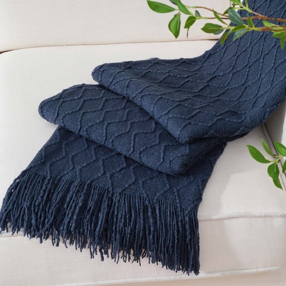 Navy Blue Throw Blanket for Bed,Lightweight Knit Blue Blanket,Navy Throws with Tassels,50"x60"