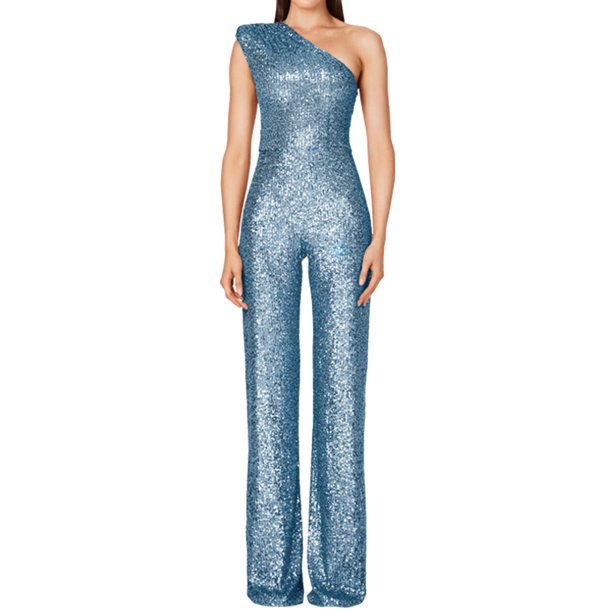 Gibobby pantalones de lentejuelas novedoso para mujer, moda Sexy, sin espalda, cuello en V, lentejuelas, cremallera, pierna ancha, pantalones informales para mujer, en Stock(Azul, XXL)