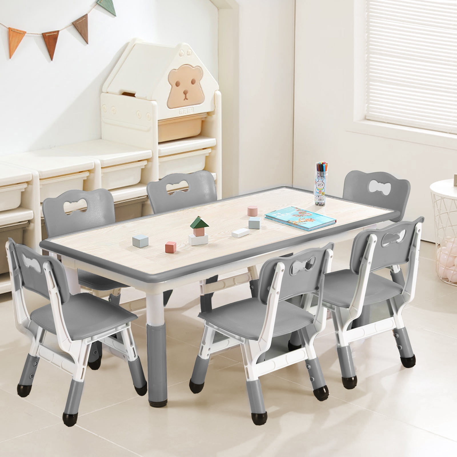 Kids Table and Chairs Set for Ages 2-10, Height Adjustable Arts & Crafts Table with 6 Seats,Graffiti Desktop, Non-Slip Legs,Max 330lbs Kids Activity Art Table for Classroom Daycares,Home