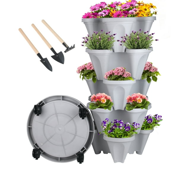 Gamexcel Indoor and Outdoor Stackable Vertical Wall Planters with Wheels, 5 Tier