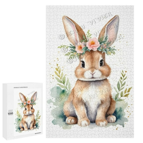 1000 Piece Jigsaw Puzzles for Adults - Wood Puzzles - Watercolor Bunny20" x 30"Portable Wooden Jigsaw Puzzle for Adults