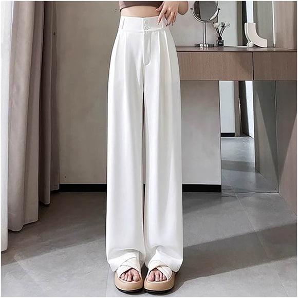 Pisexur Women's Pants,Pants for Women Ladies' Solid Color Versatile High Waist Straight Tube Ice Silk Suit Pants Wide Leg Pants White,M