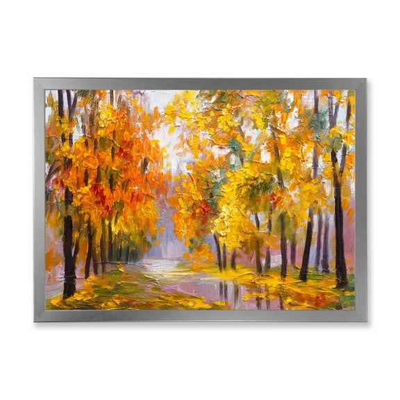 Designart 'Forest Full Of Fallen Leaves In Autumn Along River' Lake House Framed Art Print