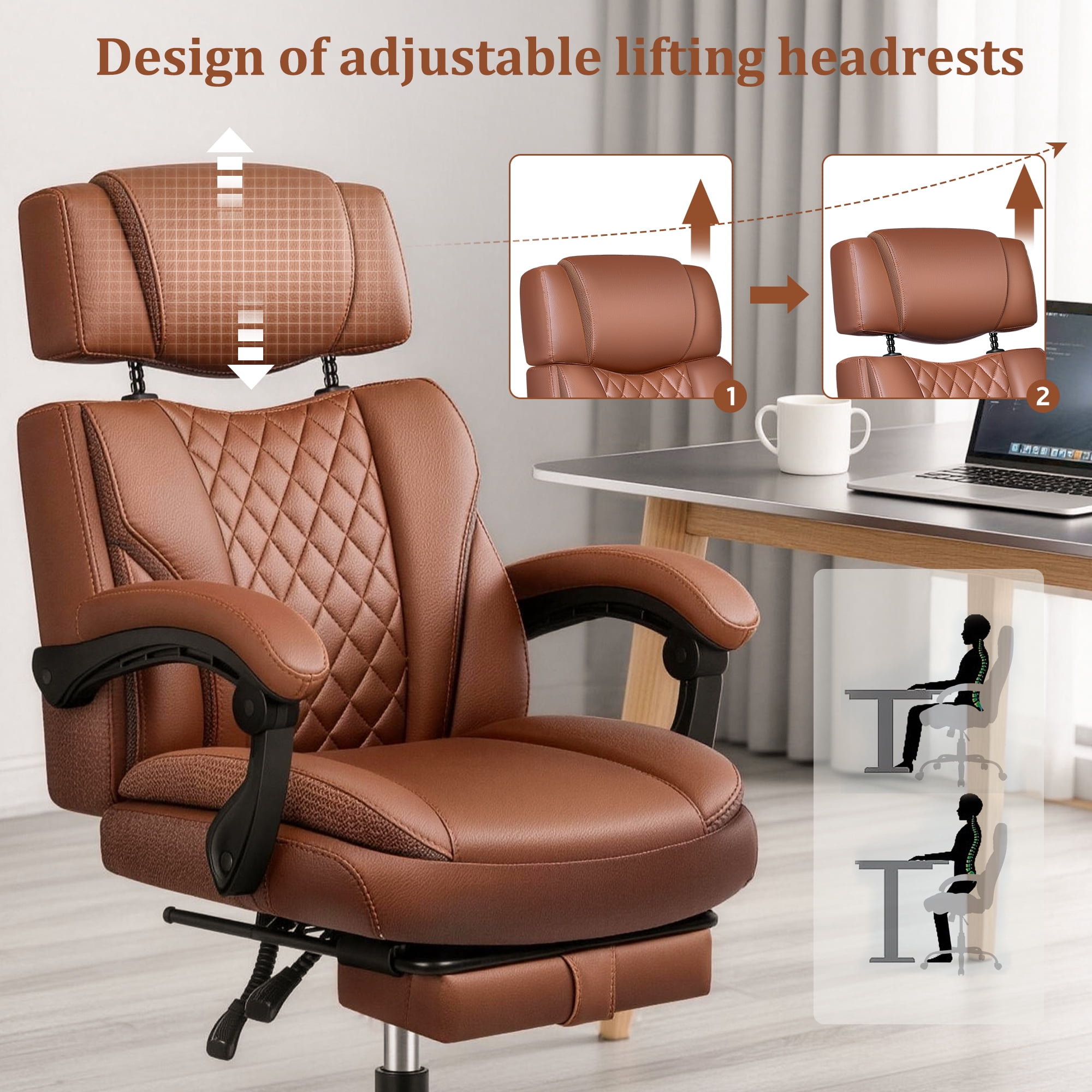 FelixKing Ergonomic Office Chair with Adjustable Headrest Executive Leather Desk Chair with Flip Up Arms, Comfy Computer Chair with Lumbar Support & Rocking Function for Home Office