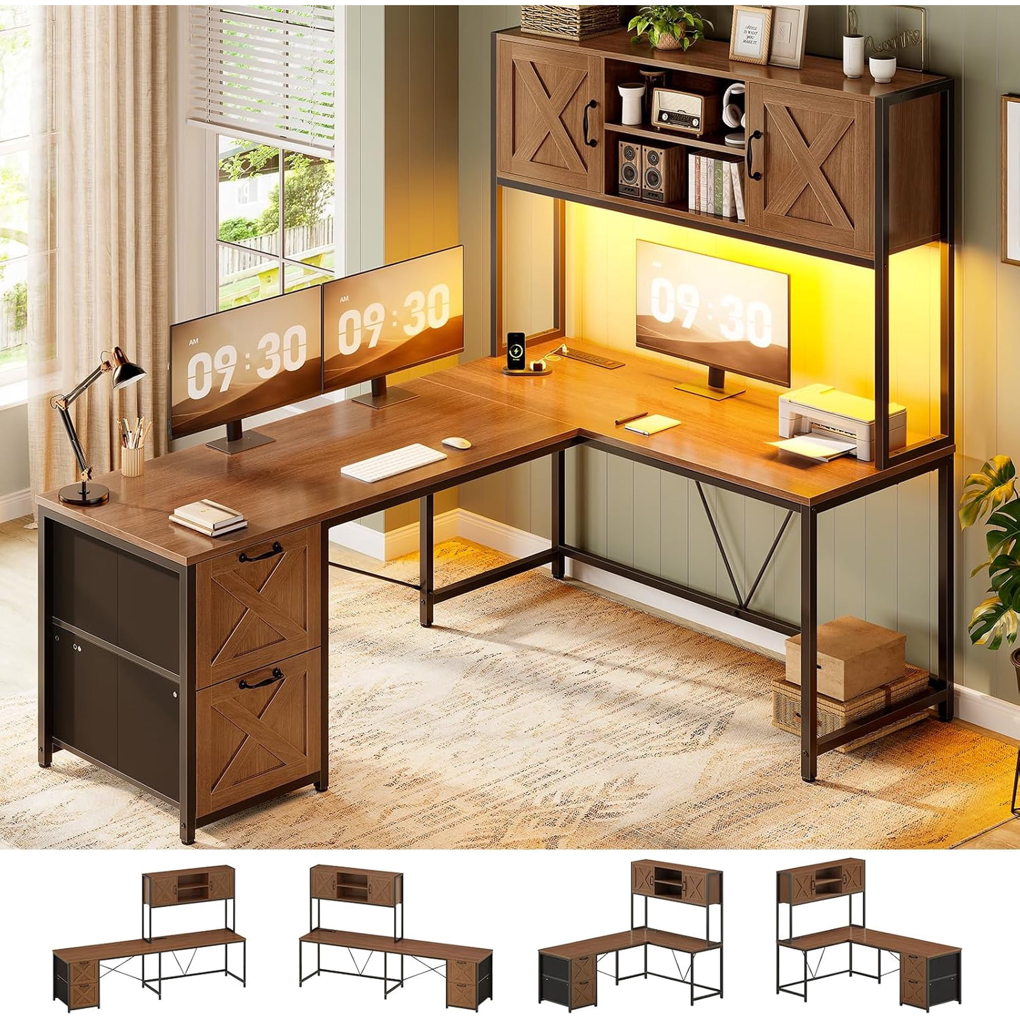 SEDETA L Shaped Gaming Desk with LED Lights, Reversible Computer Desk with Power Outlet & File Drawers, Farmhouse Corner Desk with Storage Hutch & Cabinet for Home Office, Brown