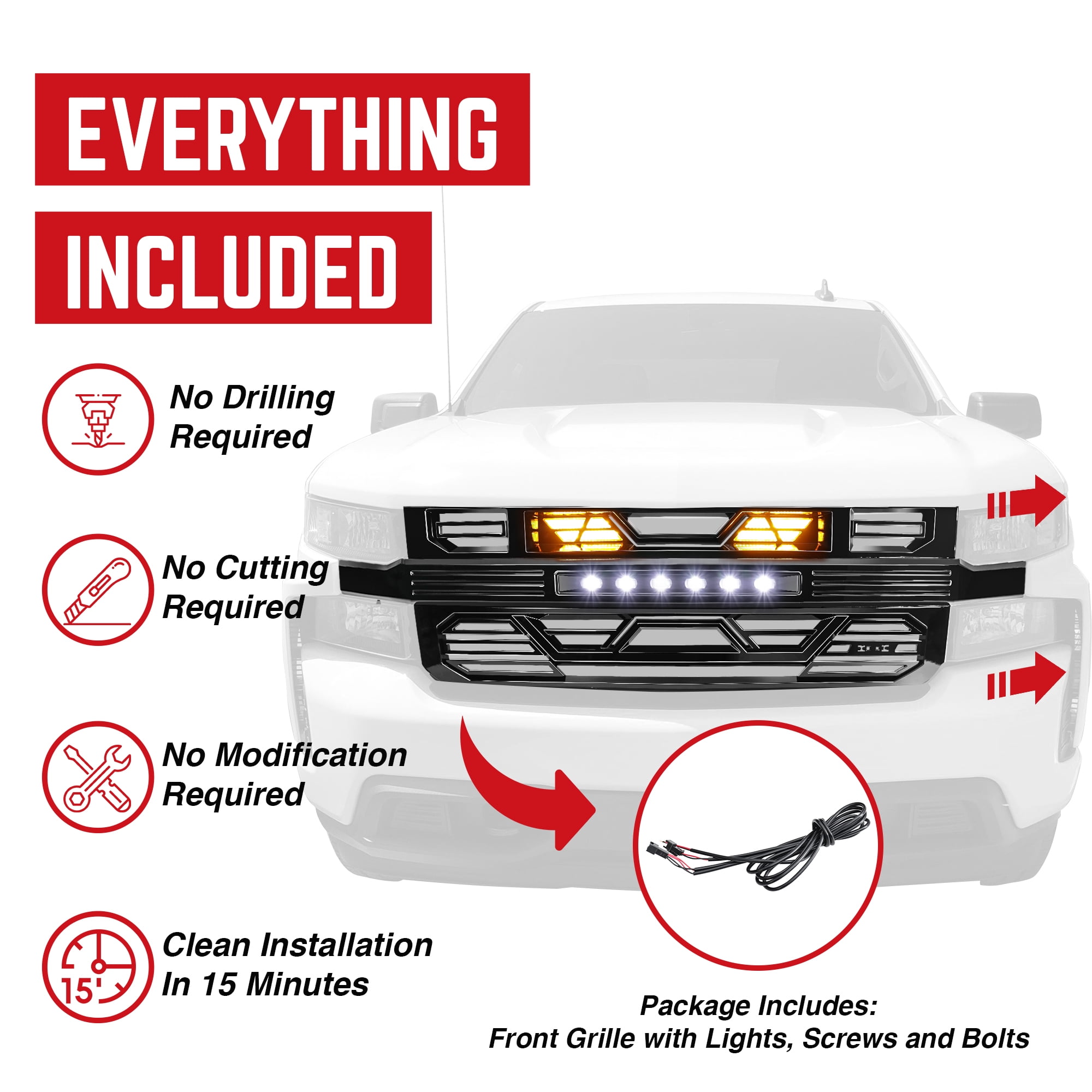 AMERICAN MODIFIED Grille w/LED for 19-21 Chevy Silverado 1500, Glossy Black