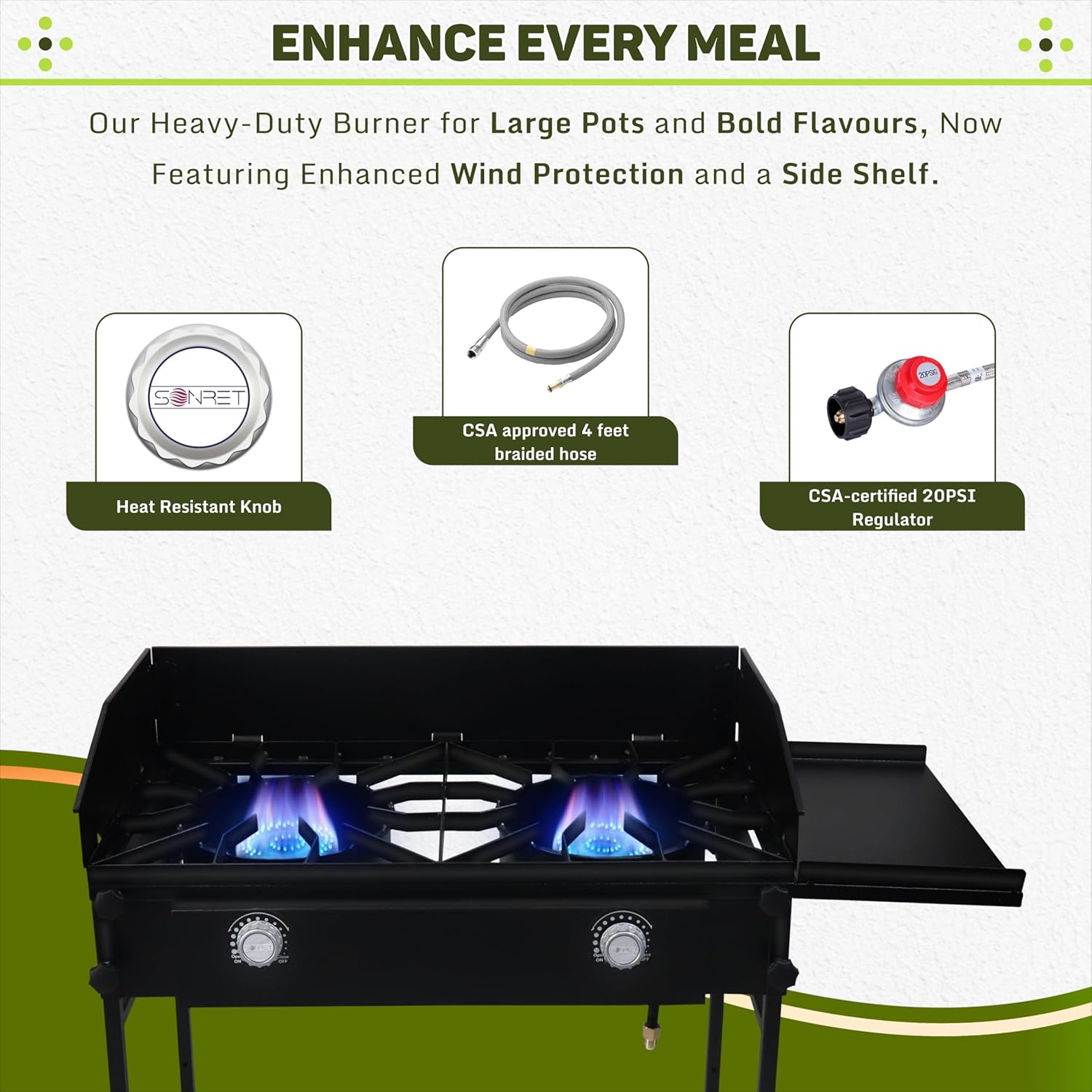 SONRET - Double Burner Propane Outdoor Camping Stove - with Side Shelf & Wind Panel