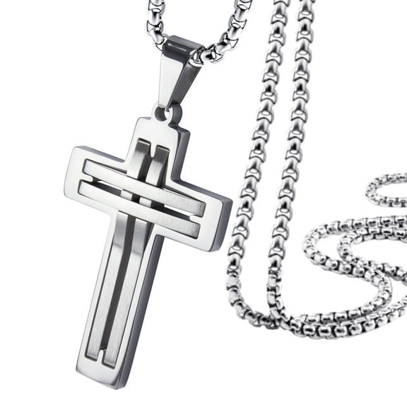 555Jewelry Stainless Steel Cross Necklace for Men, Grooved Half Dome Shape Matte Cross & Polished Border Religious Crucifix Cross Pendant for Men & Women, Silver, 18 Inches Box Chain