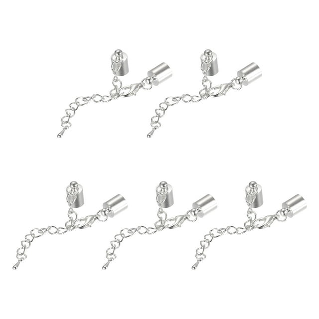 Unique Bargains 10Sets 7mm Leather Cord End Caps with Lobster Clasps & Extender Chain for DIY, Rhodium Tone