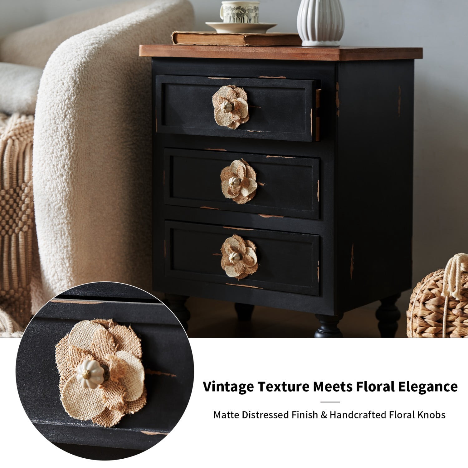 Vintage Farmhouse Nightstand, 3 Drawer Rustic End Table with Floral Knobs and Gourd Legs, Distressed Antique Black Bedside Storage Cabinet for Bedroom Living Room